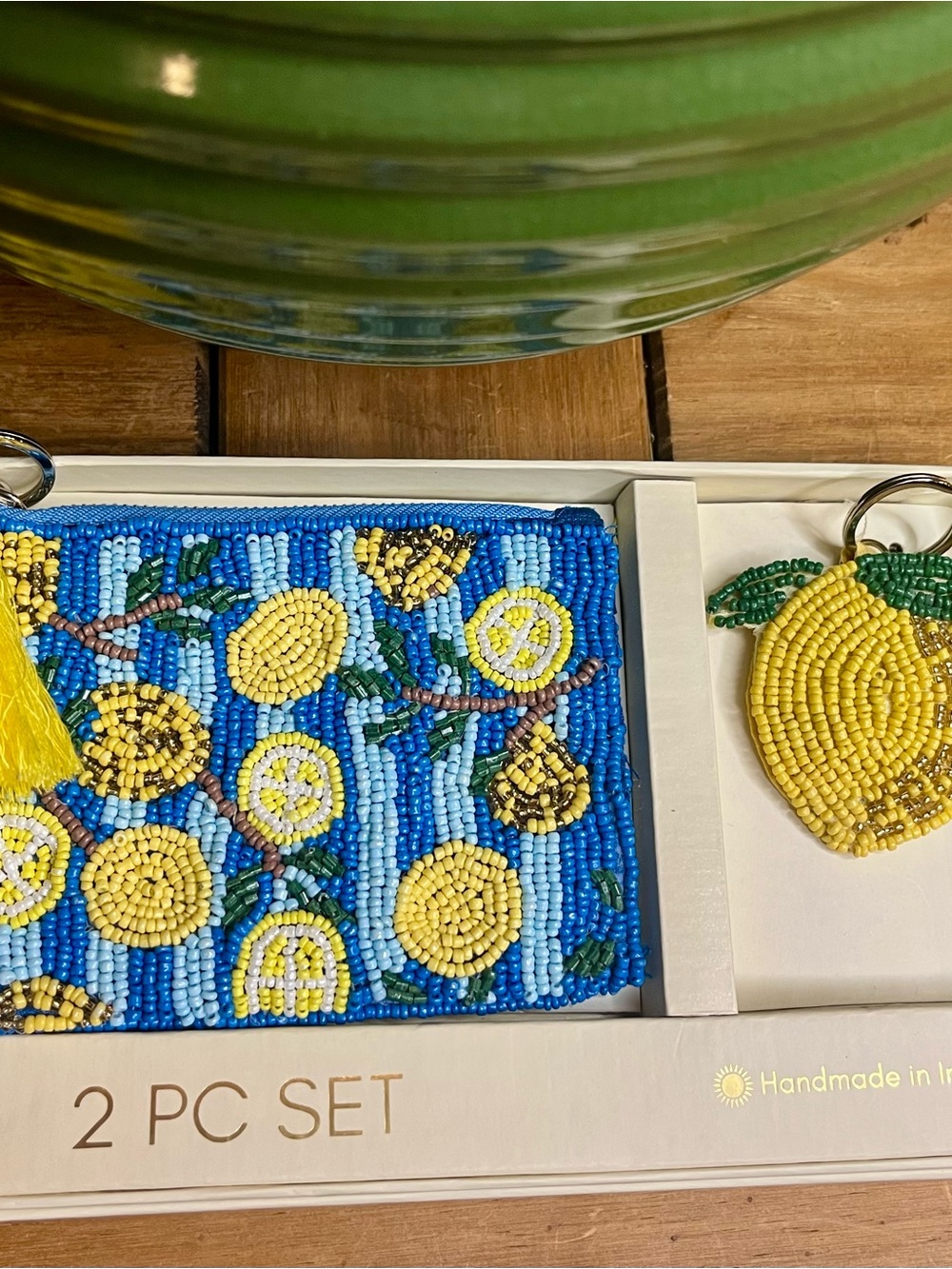 NWT Viral Beaded Lemon Wristlet & Keychain Set in Gift Box~Handmade in India - Picture 2 of 3